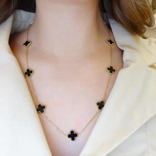 KIKICHIC Multiple 10 Black Motifs Clover Long Necklace in 18k
