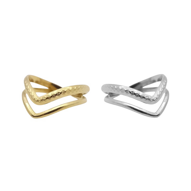 KIKICHIC Double Chevron  Ring Stainless Steel, Double Chevron Design Open Ring 18k Gold, Stackable Two Chevron Ring Gold, Simple Adjustable Open chevron Two Band Ring Silver, Modern Chevron Ring Stacks.