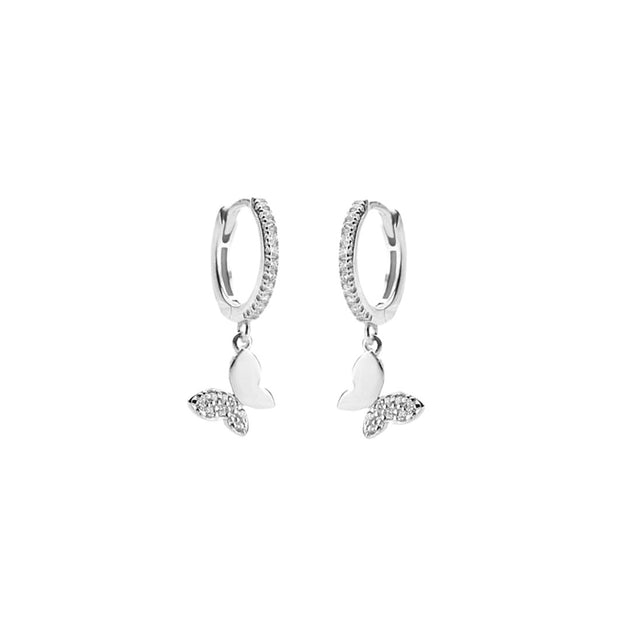 Dainty Butterfly Dangle Hoop Earrings 925 Sterling Silver for Women Girls Cute CZ Crystal Diamond Sparkly Charm Drop Cartilage Small Huggie Hoops