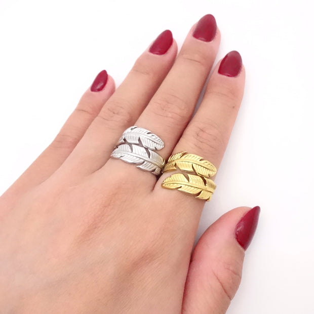 KIKICHIC Leaf Wrap Ring Gold Stainless Steel, Leaves Design Open Ring Gold, Silver Nature Leaves Open Ring Adjustable Gold, Simple Adjustable Open Leaf Ring, Nature Open Ring Stacks, Anti Tarnish Romantic Leaf Open Gold Rings.