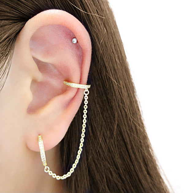 Tiny Diamond and Ear Cuff Chain Earring - STONE AND STRAND