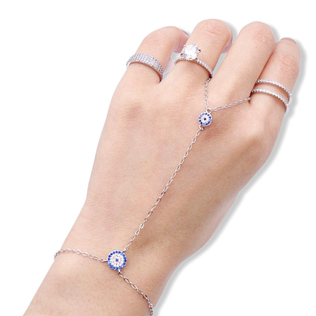 NYC | CZ Evil Eye Hand Chain Bracelet Sterling Silver - KIKICHIC