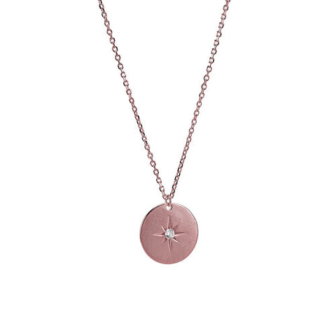 KIKICHIC CZ Starburst Gold Pendant Necklace, North Star Rose Gold Necklace, Silver Coin Star Necklace, Starburst Medallion Pendant Necklace Sterling Silver, Compass Star Necklace, North Star Polaris Rose Gold Coin Necklace.