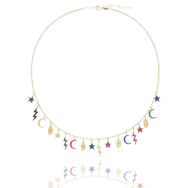 KIKICHIC Rainbow Moon Star Lighting Necklace, Rainbow Charms Gems Necklace Sterling Silver (925), 18k Gold Multi Charm Choker Necklace, Colorful Lighting Bolt Dainty Necklace, Crystals Moon Star Colorful Necklace, Summer Choker Necklace, Minimal Dainty Choker Necklace, Trendy Rainbow Choker, Colorful Charms Choker Sterling Silver.