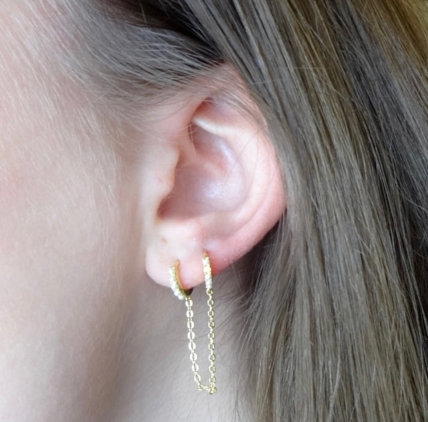 Pearl Chain Double Huggies Hoop Earring