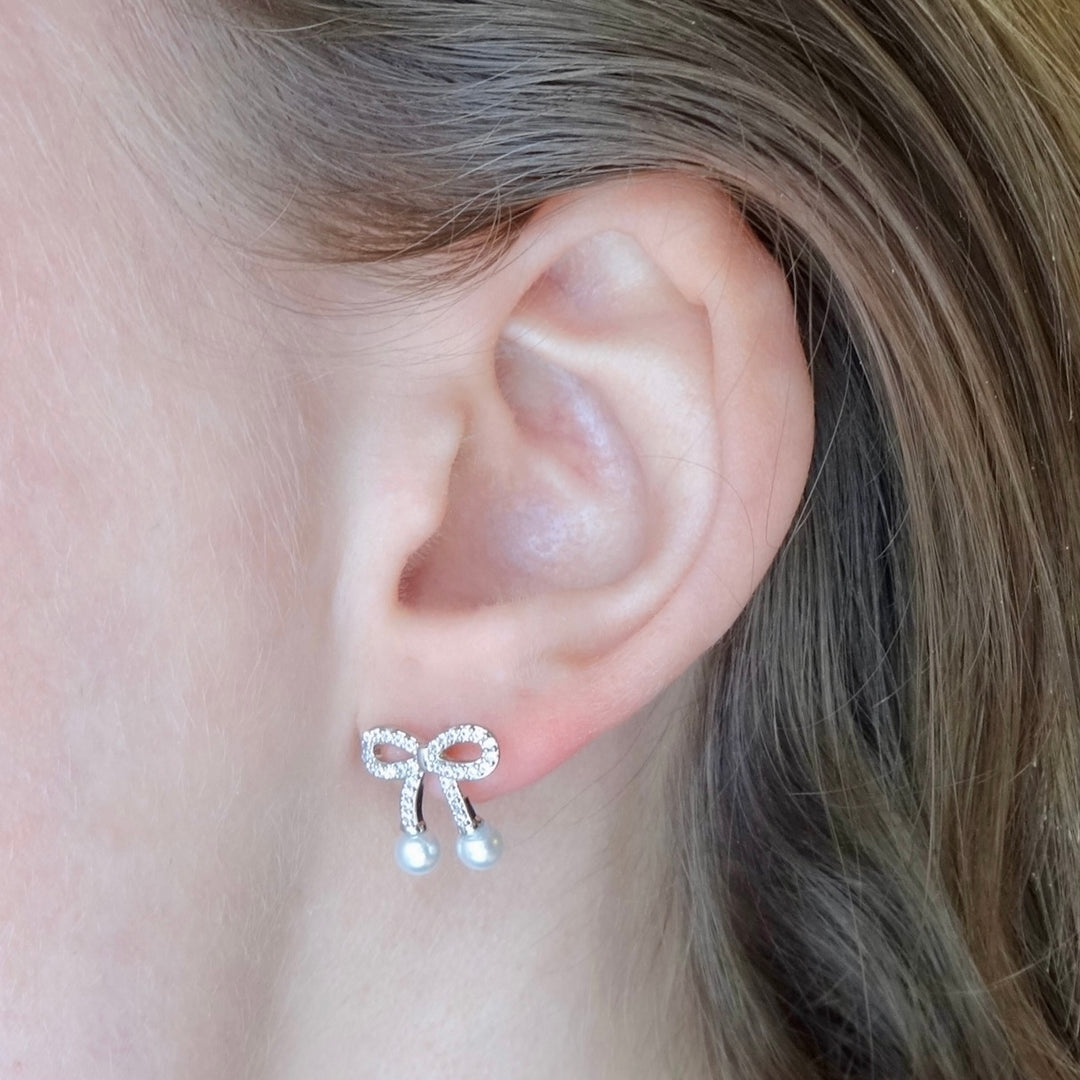 KIKICHIC | NYC | Trendy Bow Ribbon with Pearl 14k Gold Studs
