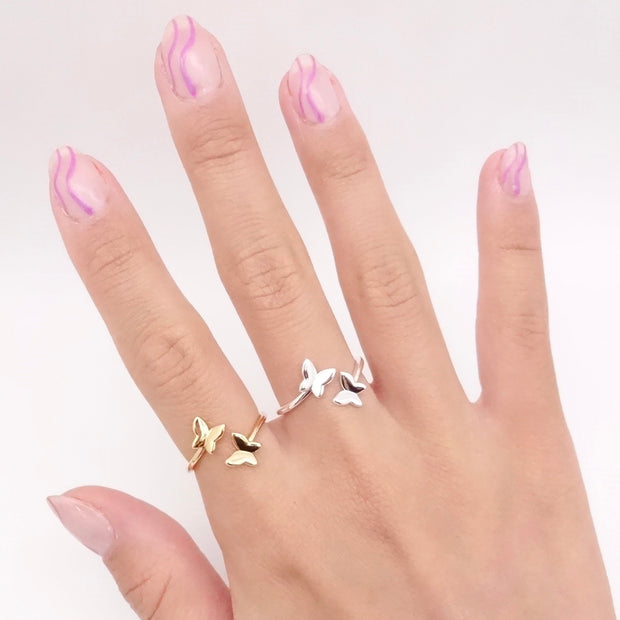 KIKICHIC Simple Double Butterfly Ring, Gold Butterfly Solid Ring, Open Butterfly Ring, Summer Ring, Spring Ring, Cocktail Ring, Solid butterfly Ring, Adjustable butterfly ring, Silver butterfly ring.