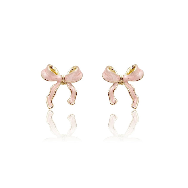 Pink Bow Ribbon Stud Earrings