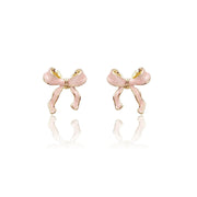 Pink 18k Gold Bow Ribbon Stud Earrings, Pink Bow Studs Earrings, Tie Bow Luxury Hoops, Wrap Bow Stud Earrings Hypoallergenic, Pink Gold Filled Stud Earrings, Pink Puffed Bow Earrings.