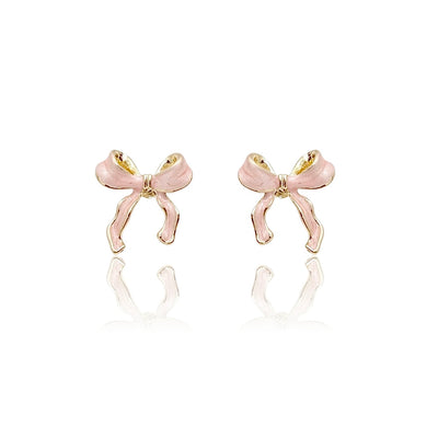 Pink 18k Gold Bow Ribbon Stud Earrings, Pink Bow Studs Earrings, Tie Bow Luxury Hoops, Wrap Bow Stud Earrings Hypoallergenic, Pink Gold Filled Stud Earrings, Pink Puffed Bow Earrings.