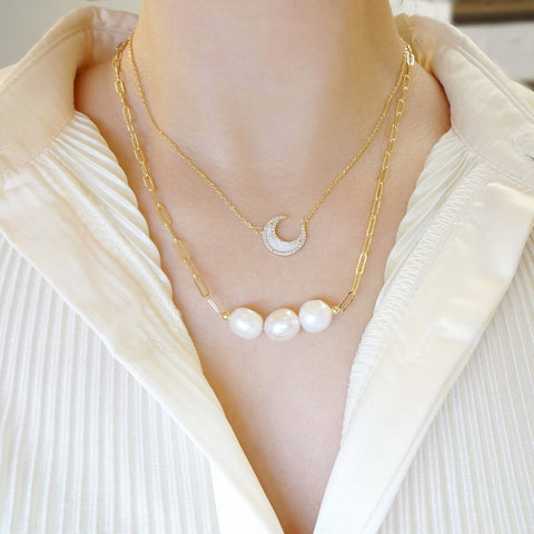 KIKICHIC CZ Pave Moon Pearl Necklace Sterling Silver, Gold CZ Crescent Pearl Necklace, Gold CZ Moon Necklace, Dainty Pearl Moon Necklace, Minimalist Pearl Moon Necklace, Crescent Moon Necklace Silver.