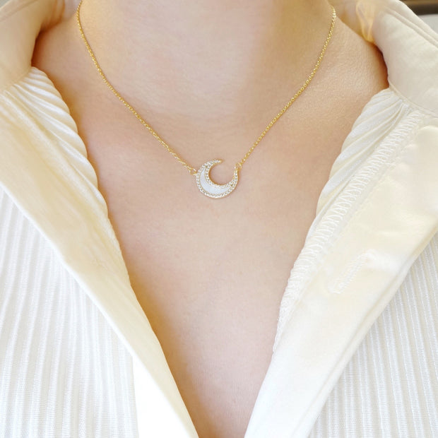 KIKICHIC CZ Pave Moon Pearl Necklace Sterling Silver, Gold CZ Crescent Pearl Necklace, Gold CZ Moon Necklace, Dainty Pearl Moon Necklace, Minimalist Pearl Moon Necklace, Crescent Moon Necklace Silver.