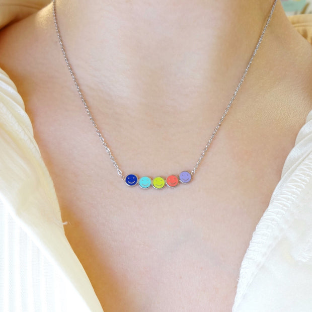 KIKICHIC Colorful Smiley Face Gold Necklace, Rainbow Smiley Necklace Stainless Steel, 14k Gold Bar Rainbow Happy Face Necklace, Colorful Long Bar Happy Face Dainty Necklace.