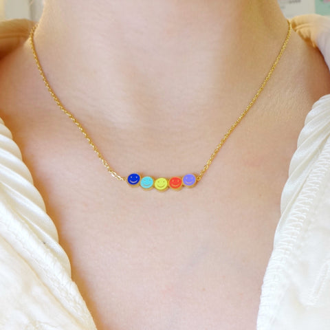 KIKICHIC Colorful Smiley Face Gold Necklace, Rainbow Smiley Necklace Stainless Steel, 14k Gold Bar Rainbow Happy Face Necklace, Colorful Long Bar Happy Face Dainty Necklace.
