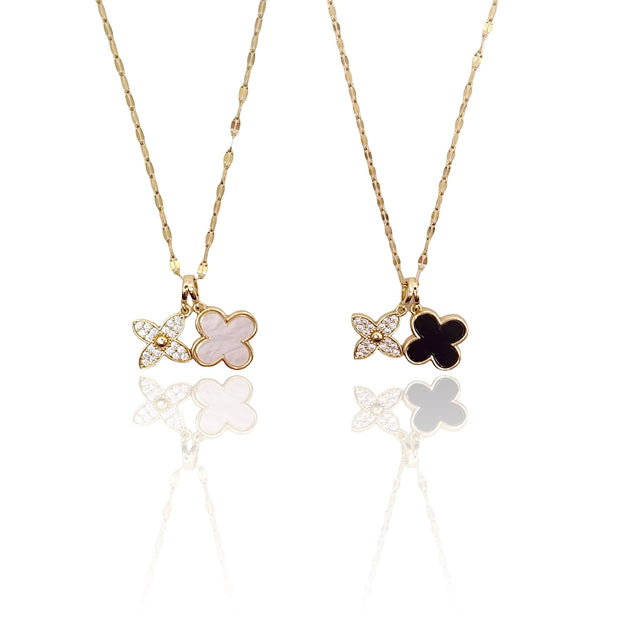 White Double Pendant CZ Clover Necklace in 14k Gold, Black Double Pendant CZ Clover Necklace in 14k Gold, CZ Mother of Pearl Clover Necklace, CZ Clover and CZ Necklace, Van Cleef Lucky Necklace, Clover Charm Pearl Necklace, Single Clover Mother of Pearl Necklace, MOP Clover Necklace, Lucky Charm Pearl Necklace. 