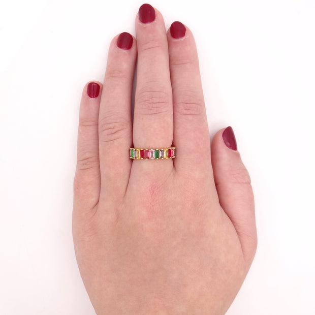 KIKICHIC CZ Rainbow Baguette Ring Stainless Steel, Eternity Colorful Sapphire Baguette Open Ring 14k Gold, Stackable Open Ring Gold, Endless Rainbow Baguette Minimalist Open Ring Adjustable 14k Gold, Adjustable Open Colorful Baguette Ring Gold, Modern Midi Open Rainbow Baguette Ring Stacks.