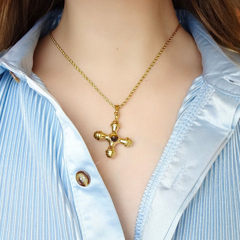Large Vintage Gold Cross Stainless Steel Necklace, Vintage Cross Necklace, Cross Pendant Necklace, Gold Cross Necklace, Fancy Cross Necklace. 