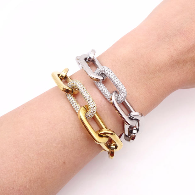 KIKICHIC Chunky Paper Clip Chain Link Bracelet in 14k Gold, Bold Large Link Paper Clip Stacking Bracelet Gold Filled, Stainless Steel Thick Paper Clip Link Chain Stack Bracelet, Paper Clip Rectangle Link Chain Bracelet Silver, CZ Diamond Paper Clip Link Chain Stacking Silver Bracelet.