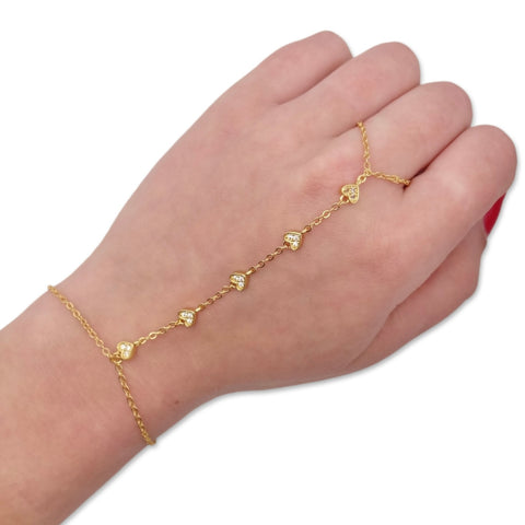 CZ Diamond Heart Hand Chain Bracelet and Ring, Chain Ring Bracelet, 14k Gold Multiple Heart Bezel Chain Ring Bracelet, Bracelet Attached Ring in Gold, White Gold Chain Ring and Bracelet Together, Finger Bracelet Diamond Sterling, Chain Slave Bracelet 14k Gold