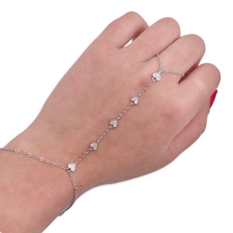 CZ Diamond Heart Hand Chain Bracelet and Ring, Chain Ring Bracelet, 14k Gold Multiple Heart Bezel Chain Ring Bracelet, Bracelet Attached Ring in Gold, White Gold Chain Ring and Bracelet Together, Finger Bracelet Diamond Sterling, Chain Slave Bracelet 14k Gold