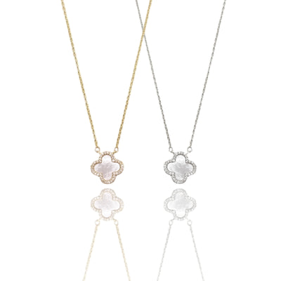 CZ Mother of Pearl Clover Necklace, CZ Clover and Pearl Necklace, Van Cleef Lucky Necklace, Clover Charm Pearl Necklace, Single Clover Mother of Pearl Necklace, MOP Clover Necklace, Lucky Charm Pearl Necklace.