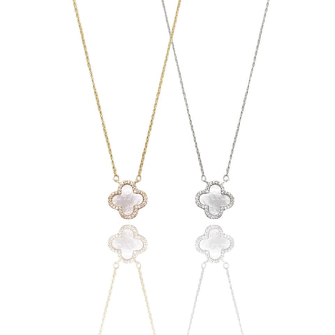 CZ Mother of Pearl Clover Necklace, CZ Clover and Pearl Necklace, Van Cleef Lucky Necklace, Clover Charm Pearl Necklace, Single Clover Mother of Pearl Necklace, MOP Clover Necklace, Lucky Charm Pearl Necklace.