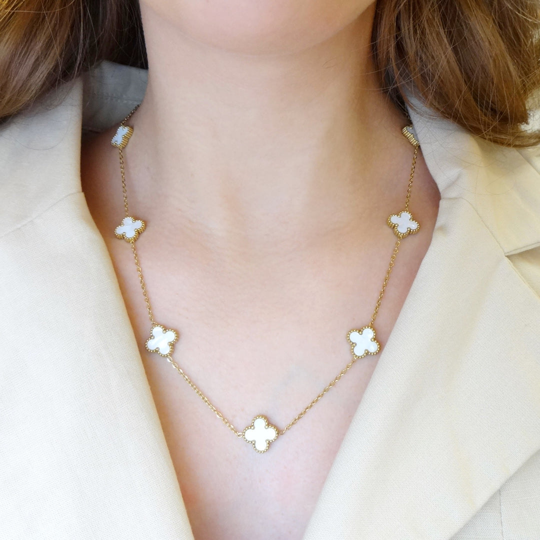 KIKICHIC | Multiple 10 White Motifs Clover Long Necklace in 18k