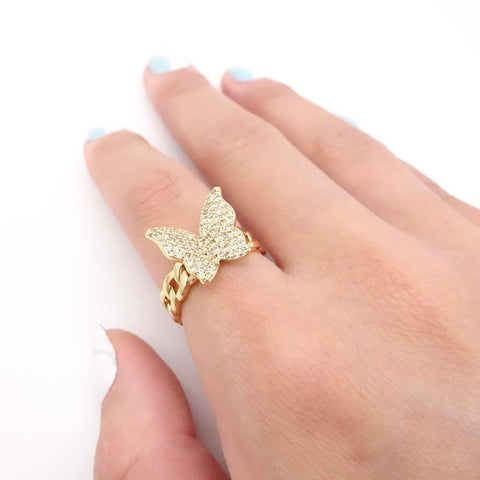 KIKICHIC CZ Diamond Butterfly Chain Ring, Gold Butterfly Curb Chain Ring, Open Chain Butterfly Ring, Summer Ring, Spring Ring, Cocktail Ring, CZ Pave Chain butterfly Ring, Adjustable butterfly curb chain ring, Silver butterfly ring.