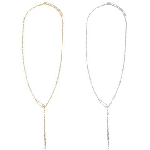 KIKICHIC 14k Gold Safety Pin paper clip lariat necklace, yellow gold cz safety pin Y style necklace, small safety pin necklace, safety pin charm lariat paper clip chain, paper clip lariat choker, lock paper clip split chain necklace, vermeil paper clip safety pin choker 14k gold yellow.