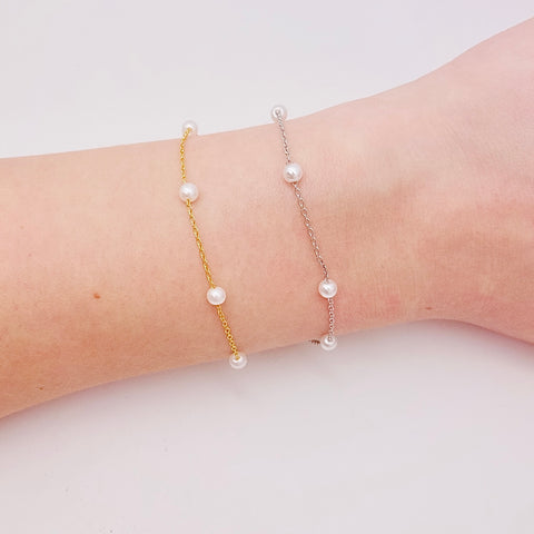 14k Gold Filled Pear Chain Bracelet, Pearl Charms Chain Bracelet, Mother of Pearl Chain sterling Silver (925), Cultured Pearl chain Bracelet, Pearl Bar Bracelet, Classic Pearl Bracelet.