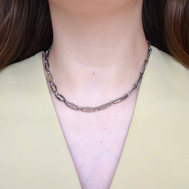 Gold Rectangle Paper Clip Chain Link Necklace, Gold Rectangle Paper Clip Choker Necklace, Silver Rectangle Paper Clip Link Chain Necklace, Pendant Paper Clip Rectangle Link Chain Necklace Sterling Silver. 