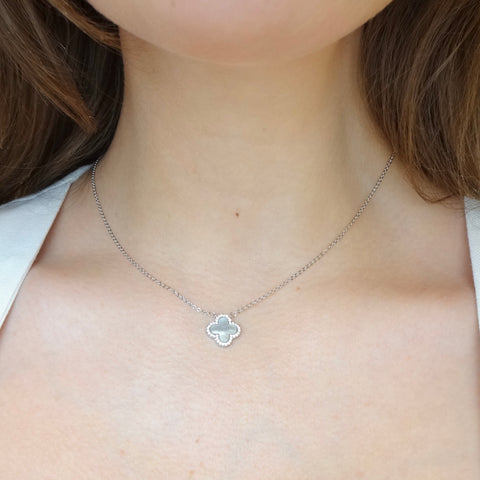 CZ Mother of Pearl Clover Necklace, CZ Clover and Pearl Necklace, Van Cleef Lucky Necklace, Clover Charm Pearl Necklace, Single Clover Mother of Pearl Necklace, MOP Clover Necklace, Lucky Charm Pearl Necklace.