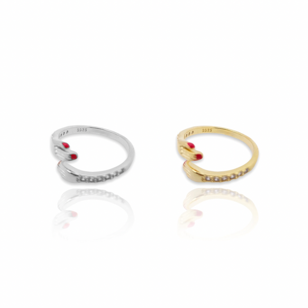 KIKICHIC Red Nails Hug Rings Adjustable Gold, Gold Hug Ring sterling Silver, Red Nail Hands Open Ring, Couples Love Ring, Friendship Love Ring, Best Friend Hug Rings, Gold Love Hug Ring, Hugging Ring Silver, 925 Sterling Silver Hands Hugging Ring, Handmade Hugging Ring Adjustable, Valentines Rings. 