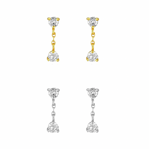 KIKICHIC CZ Diamond Dangling Double Stud Earrings, 14k Gold Double Diamond Dangle Studs, Double CZ Diamond White Gold Stud, Dangling Studs, Classic Diamond Studs, Bezel Double Studs.