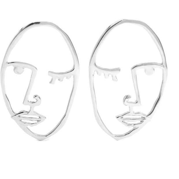 KIKICHIC Silver Women Face Stud Earring, 18k Gold Abstract Wink Face Hollow Open Earrings, Picasso Face Sisters Earrings, Art Face Wire Earrings.