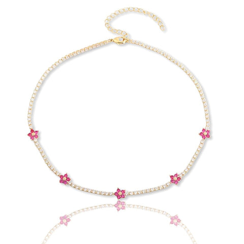 KIKICHIC | NYC | Color Daisy Flower CZ Diamond Tennis Choker Necklace Sterling Silver (925) in 18K Gold Pink
