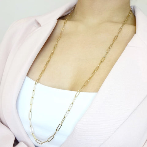 Thin Elongated Oval Link 14K Solid Gold Chain Link Necklace 
