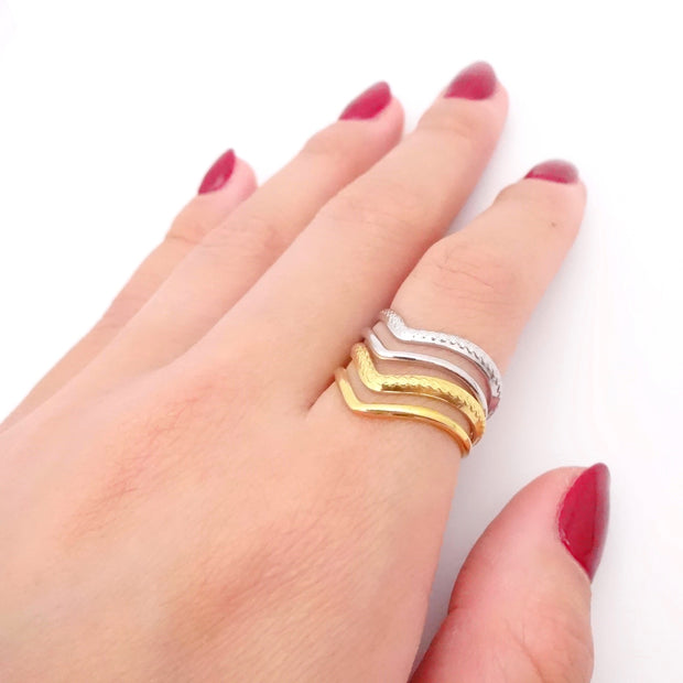 KIKICHIC Double Chevron  Ring Stainless Steel, Double Chevron Design Open Ring 18k Gold, Stackable Two Chevron Ring Gold, Simple Adjustable Open chevron Two Band Ring Silver, Modern Chevron Ring Stacks.