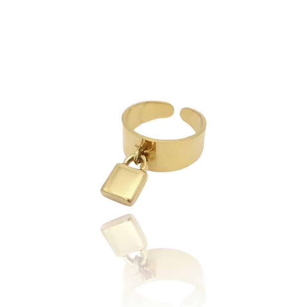 KIKICHIC Lock Charm Ring Stainless Steel, Dangling Lock Design Open Ring 18k Gold, Stackable Lock Ring Gold, Simple Adjustable Open Padlock Band Ring Silver, Modern Lock Ring Stacks.