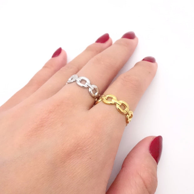 KIKICHIC Mariner Chain Ring Stainless Steel, Mariner Chain Design Open Ring 18k Gold, Stackable Mariner Ring Gold, Simple Adjustable Open Lick Mariner Band Ring Silver, Modern Mariner Ring Stacks.