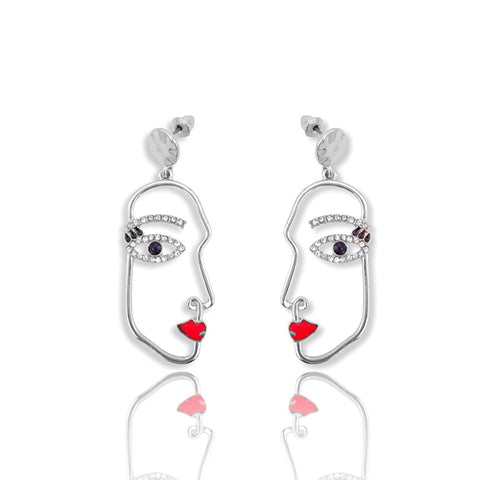 CZ Abstract Face Red Lips Earrings