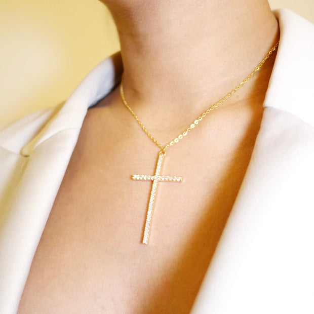 KIKICHIC CZ Cross Stainless Steel Necklace, Large Cross Necklace, Cross Pendant Necklace, Gold Cross Necklace, Fancy Cross Necklace.