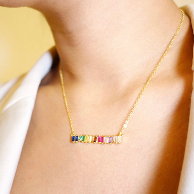 KIKICHIC Rainbow Baguette Gold Necklace, Rainbow Gems Necklace Sterling Silver (925), 18k Gold Bar Rainbow Stones Choker Necklace, Colorful Long Bar Rainbow Dainty Necklace, Crystals Gold Colorful Necklace, Summer Choker Necklace, Minimal Dainty Choker Necklace, Trendy Rainbow Choker, Rainbow Drop Choker Sterling Silver.