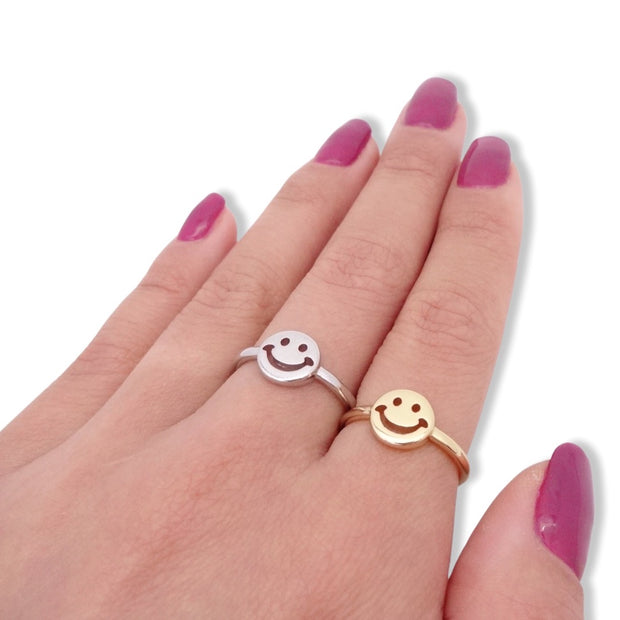 KIKICHIC Simple Smiley Happy Face Ring Sterling Silver, Good Luck Tik tok Happy Face Ring, Friendship Happy Face Ring, Gold Face Ring Simple Smiley, Stackable Face Ring, Funny Smile Face Ring Sterling Silver, Happiness Good Luck Ring.