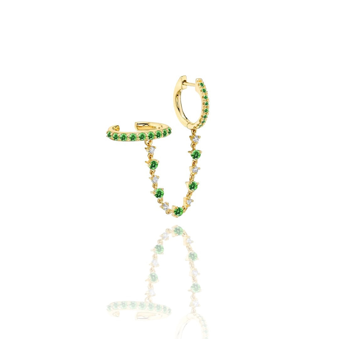 Green Bezel Chain Ear Cuff with Hoop Earring