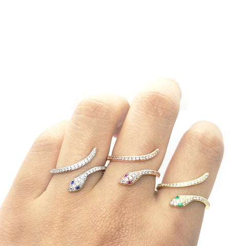 KIKICHIC CZ Diamond Pave Snale Stackable Rings Sterling Silver (925), Cubic Zirconia Pave Modern Snake Ring 18k Gold, CZ Moon Rose Gold Ring Adjustable, Minimal Snake CZ Open Ring Adjustable Sterling Silver (925), Snake Crystal Ring, Dainty CZ Diamond Snake Ring
