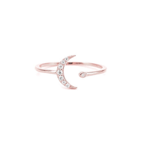KIKICHIC CZ Diamond Pave Moon Stackable Rings Sterling Silver (925), Cubic Zirconia Pave Modern Moon Ring 18k Gold, CZ Moon Rose Gold Ring Adjustable, Minimal Moon CZ Open Ring Adjustable Sterling Silver (925), Moon Crystal Ring, Dainty CZ Diamond Moon Ring