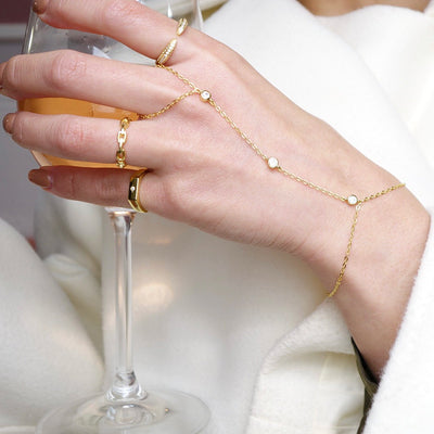 KIKICHIC CZ Diamond Hand Chain Bracelet and Ring, Rose gold Chain Ring Bracelet, 14k Gold Multiple Bezel Chain Ring Bracelet, Bracelet Attached Ring in Gold, White Gold Chain Ring and Bracelet Together, Finger Bracelet Diamond Sterling, Chain Slave Bracelet 14k Gold