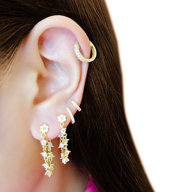 KIKICHIC Gold Flower Diamond Chain Earrings, 14k Gold Diamond Daisy Flower Chain Stud Earrings, Chained Flower Stud Earrings, Chain Gold Flower Earrings, Dangling Flower Enamel Earrings, Stud Chain Flower Gold Earrings.