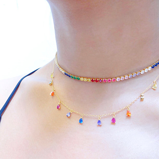 KIKICHIC Rainbow Dangling Teardrop Necklace, Rainbow Gems Necklace Sterling Silver (925), 18k Gold Rainbow Stones Choker Necklace, Colorful Rainbow Dainty Necklace, Crystals Teardrop Colorful Necklace, Summer Choker Necklace, Minimal Dainty Choker Necklace, Trendy Rainbow Choker, Rainbow Drop Choker Sterling Silver.